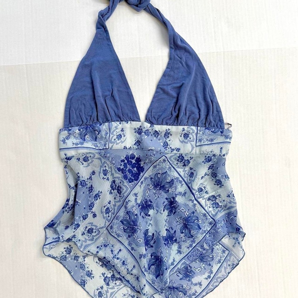 Silence + Noise Blue Floral Handkerchief Halter Top Open Back Y2K Scarf Top L